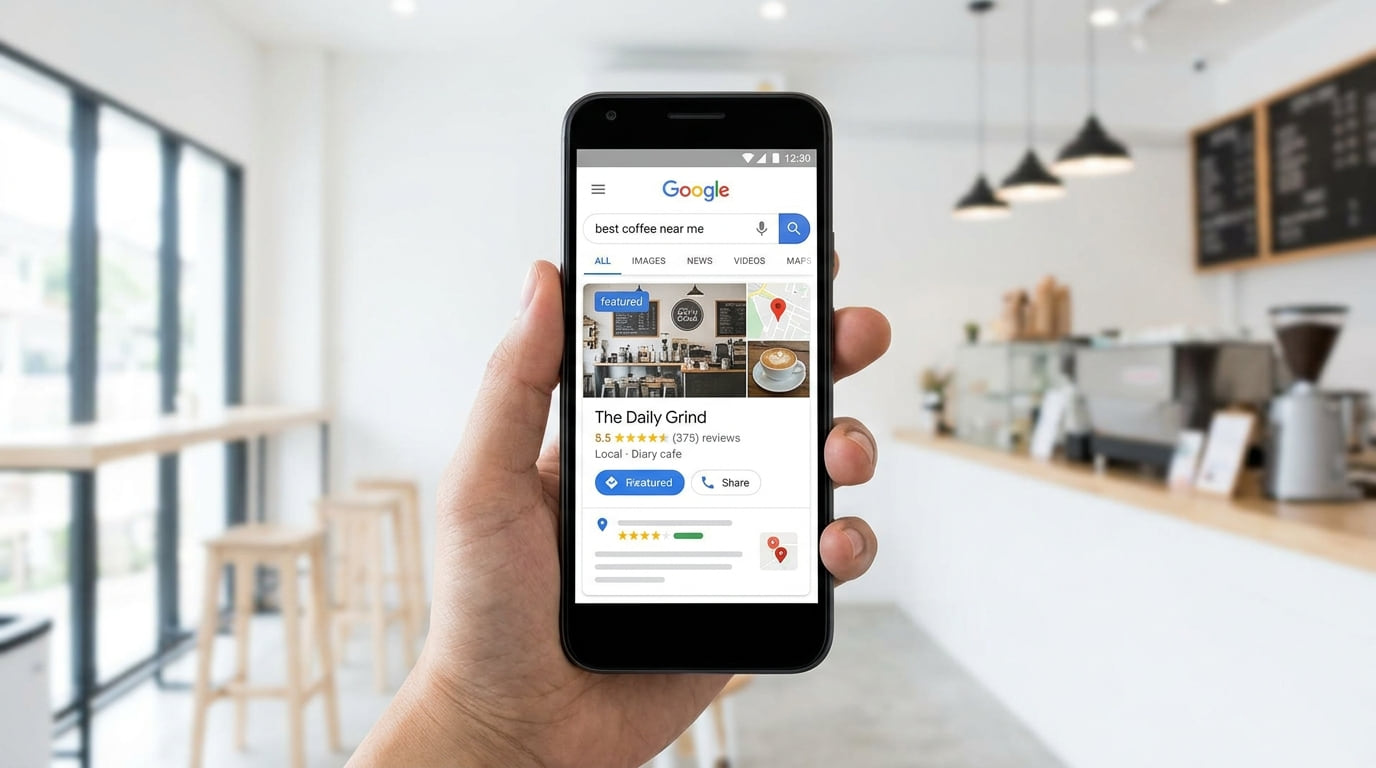 A hand holding a phone showing a local coffee shop in Google search results, inside a bright cafe.