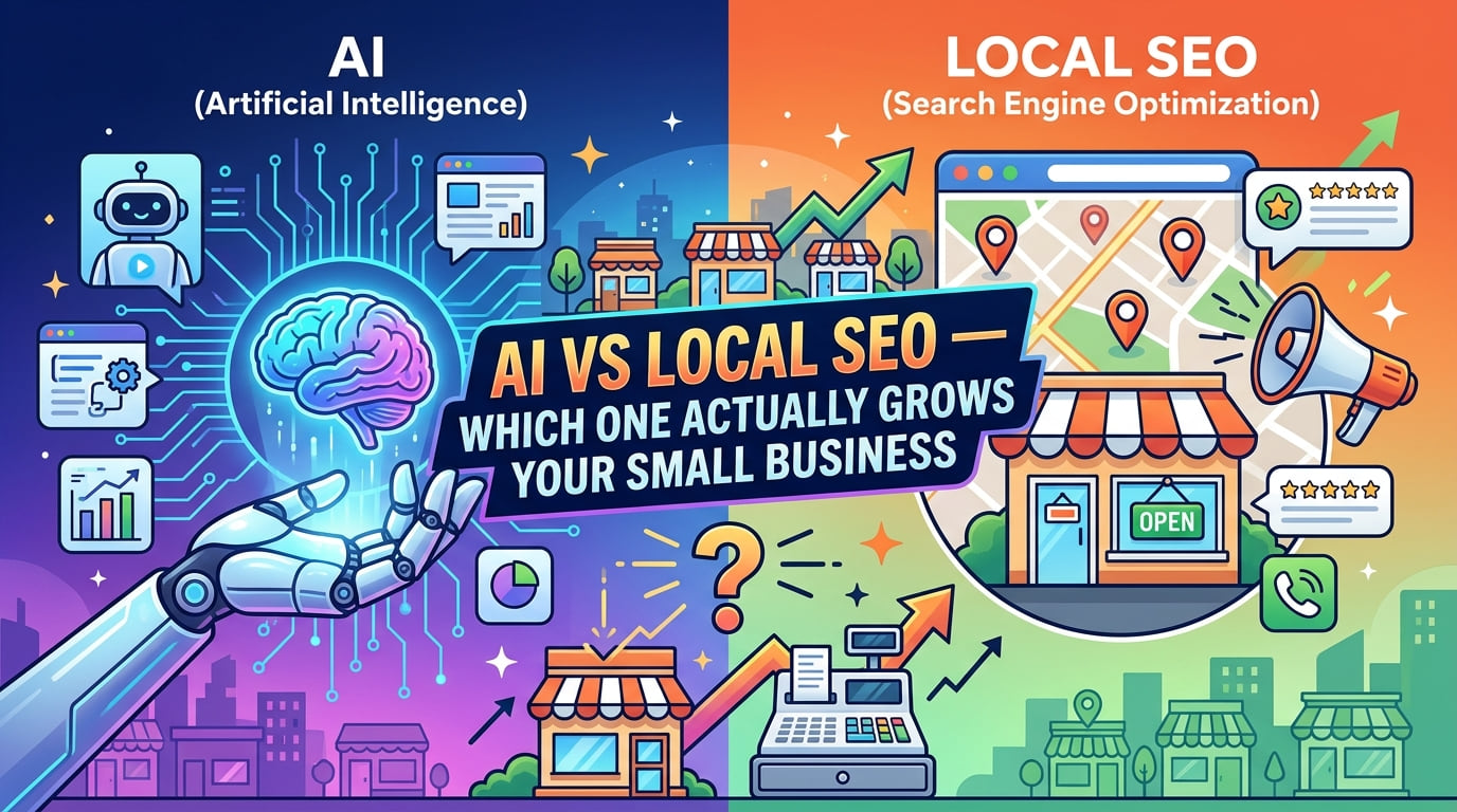 Illustration split between AI on the left and local SEO on the right, headlined AI vs Local SEO: which one actually grows your small business.