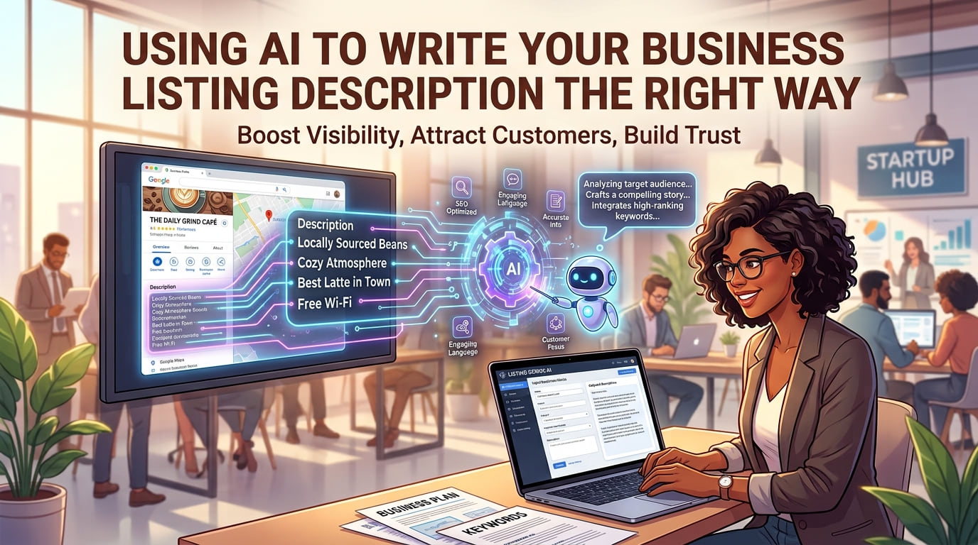 Illustration of a business owner at a laptop using AI to write a listing description for a cafe, headlined Using AI to write your business listing description the right way.