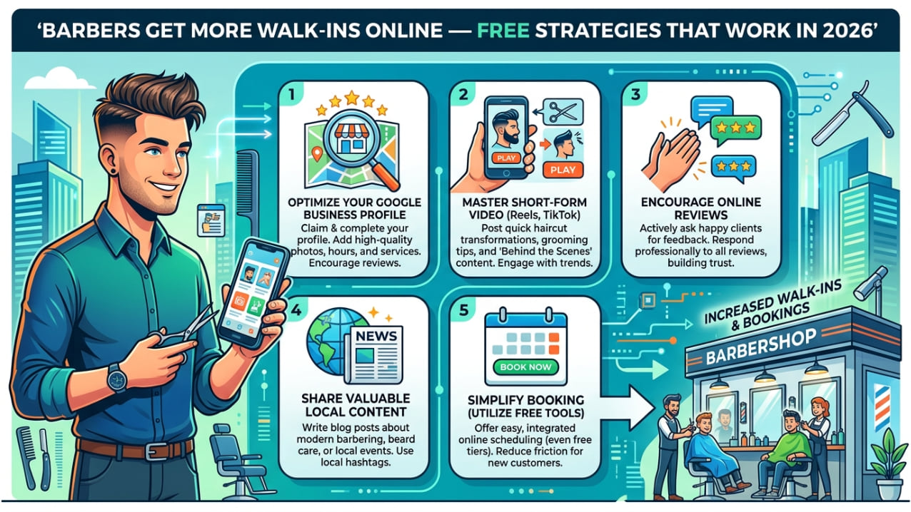 Illustration of a barber with a phone beside five free strategies for more walk-ins: Google Business Profile, short videos, reviews, local content and online booking.