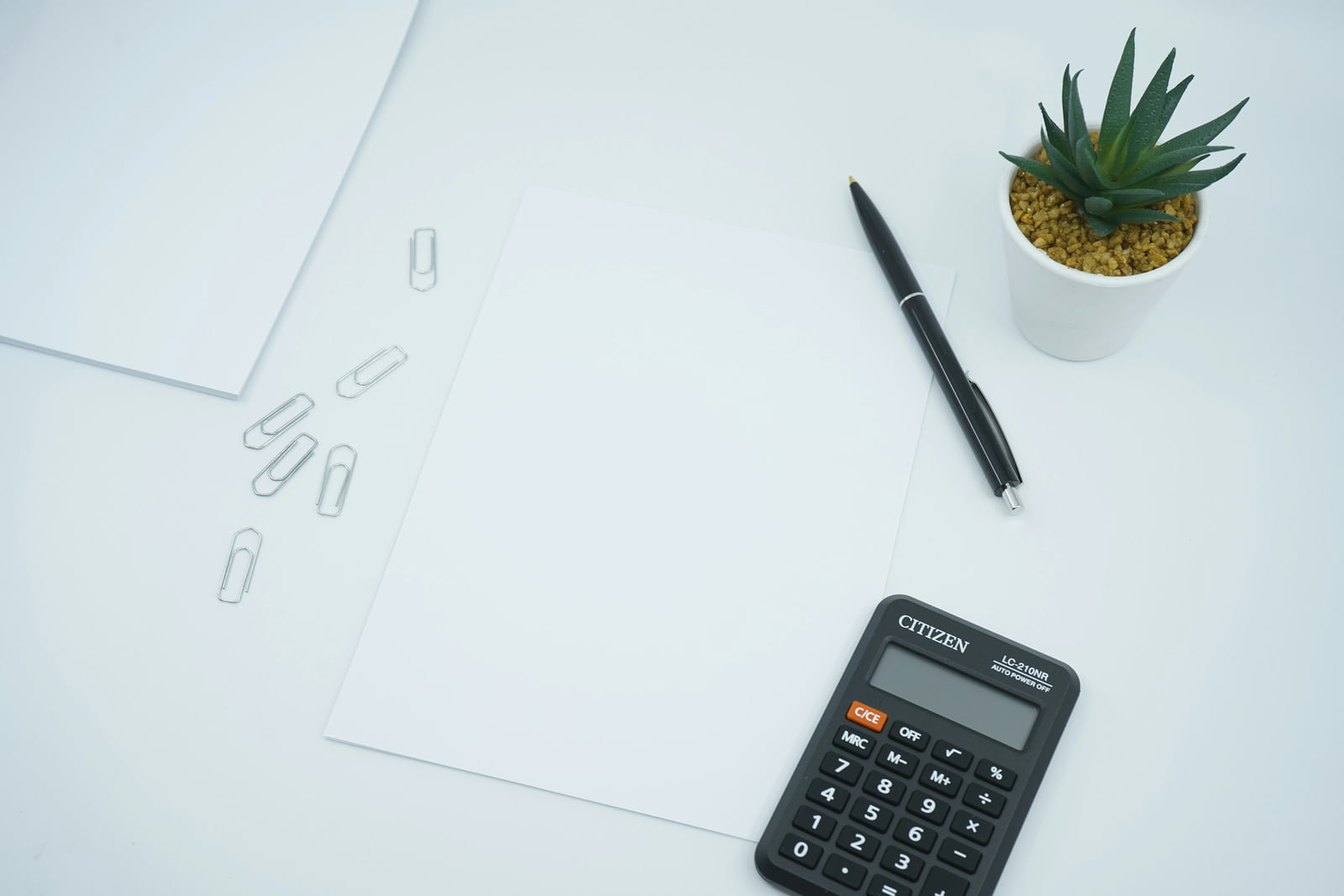 A calculator, pen, blank paper, and small plant arranged on a desk.