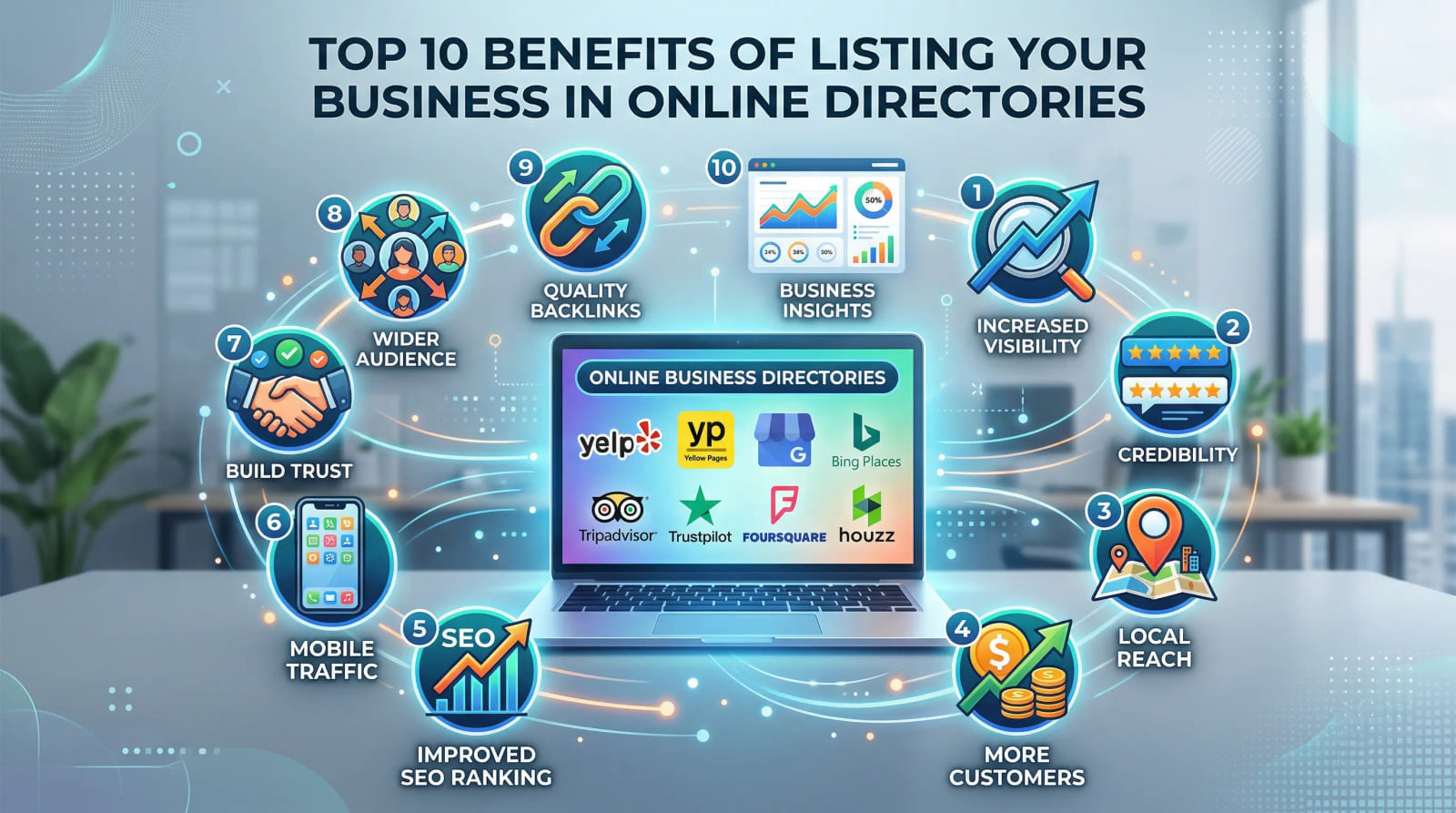 Infographic of a laptop circled by ten benefits of online directories, from a wider audience and backlinks to local reach and more customers.
