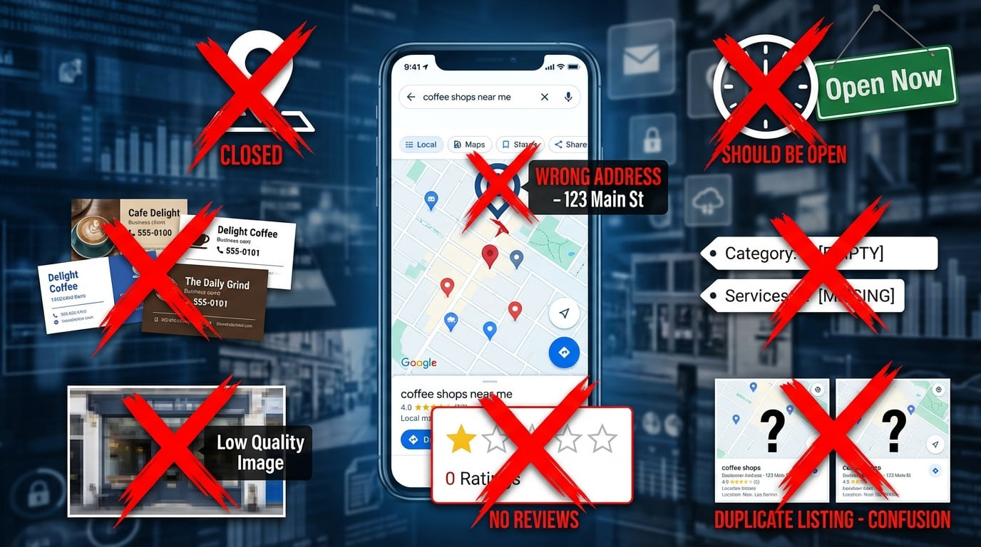 A phone map with red X marks over listing mistakes: a wrong address, closed when it should be open, empty categories, a low-quality image, no reviews and a duplicate listing.