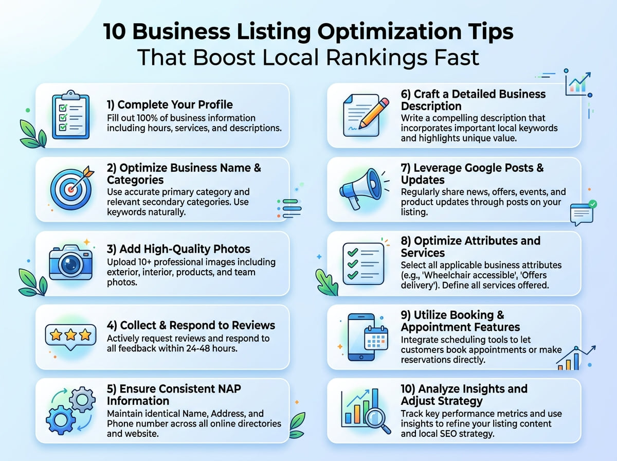 Infographic listing ten business listing optimization tips, from completing your profile to analyzing insights.