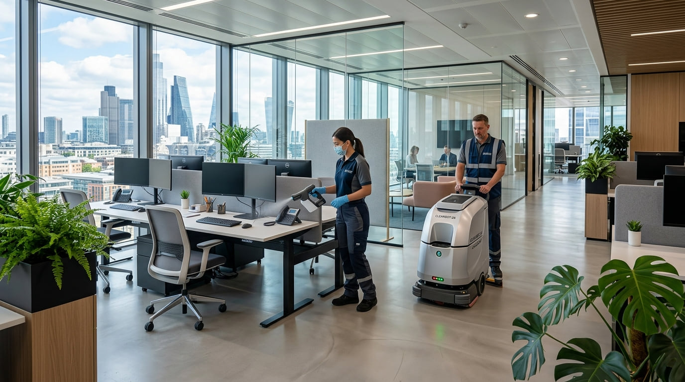 Two cleaners at work in a bright modern office, one pushing a floor-scrubbing machine.