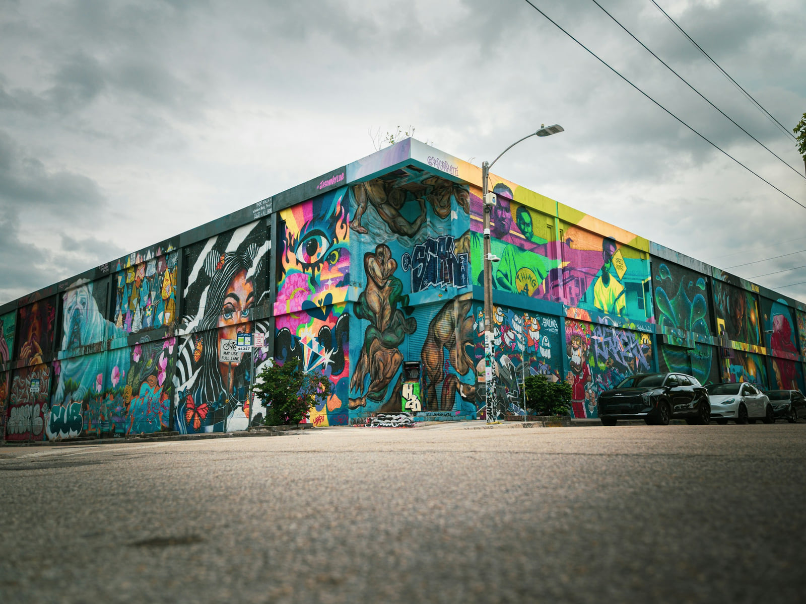 A colorful mural-covered building at Wynwood Walls in Miami.