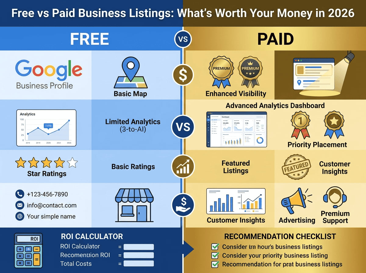 Infographic comparing free and paid business listings side by side, with an ROI calculator and a recommendation checklist.