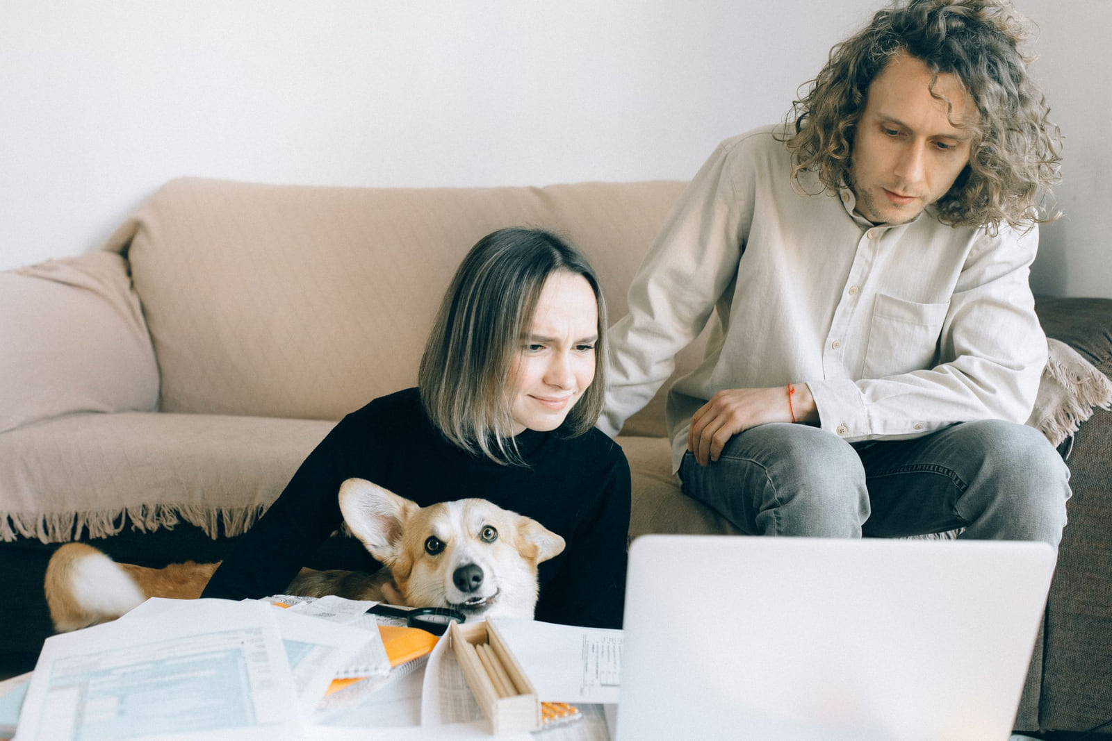 A couple looking at a laptop together on a sofa, with a small dog beside them.