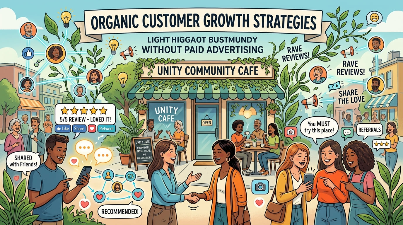 Illustration of neighbors recommending a community cafe to each other, surrounded by reviews, likes and shares.