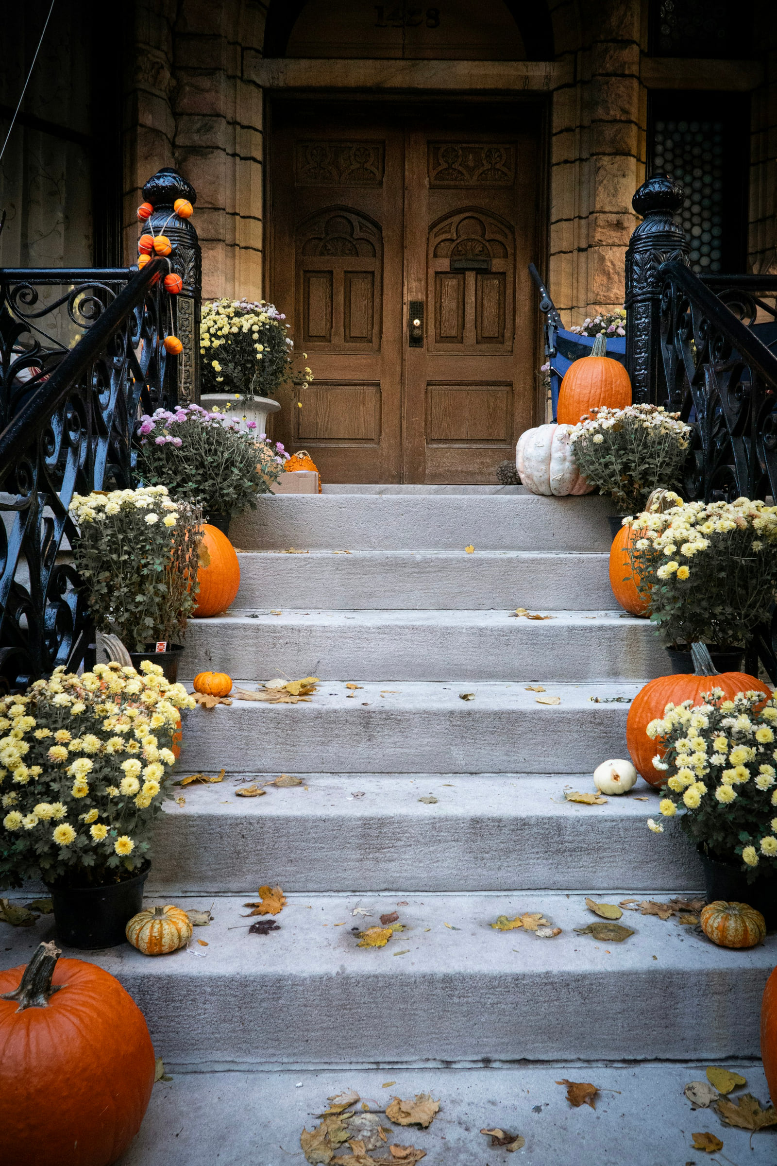 A Chicago brownstone entrance decorated with pumpkins and autumn flowers.
