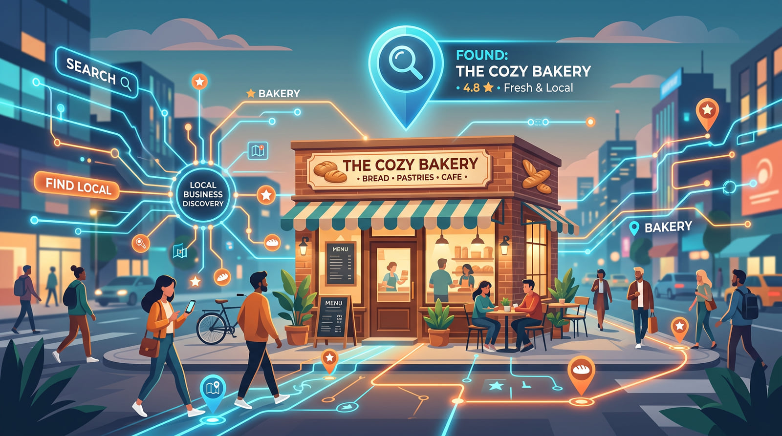 Illustration of a glowing local search network leading to The Cozy Bakery, marked Found with a 4.8-star rating.
