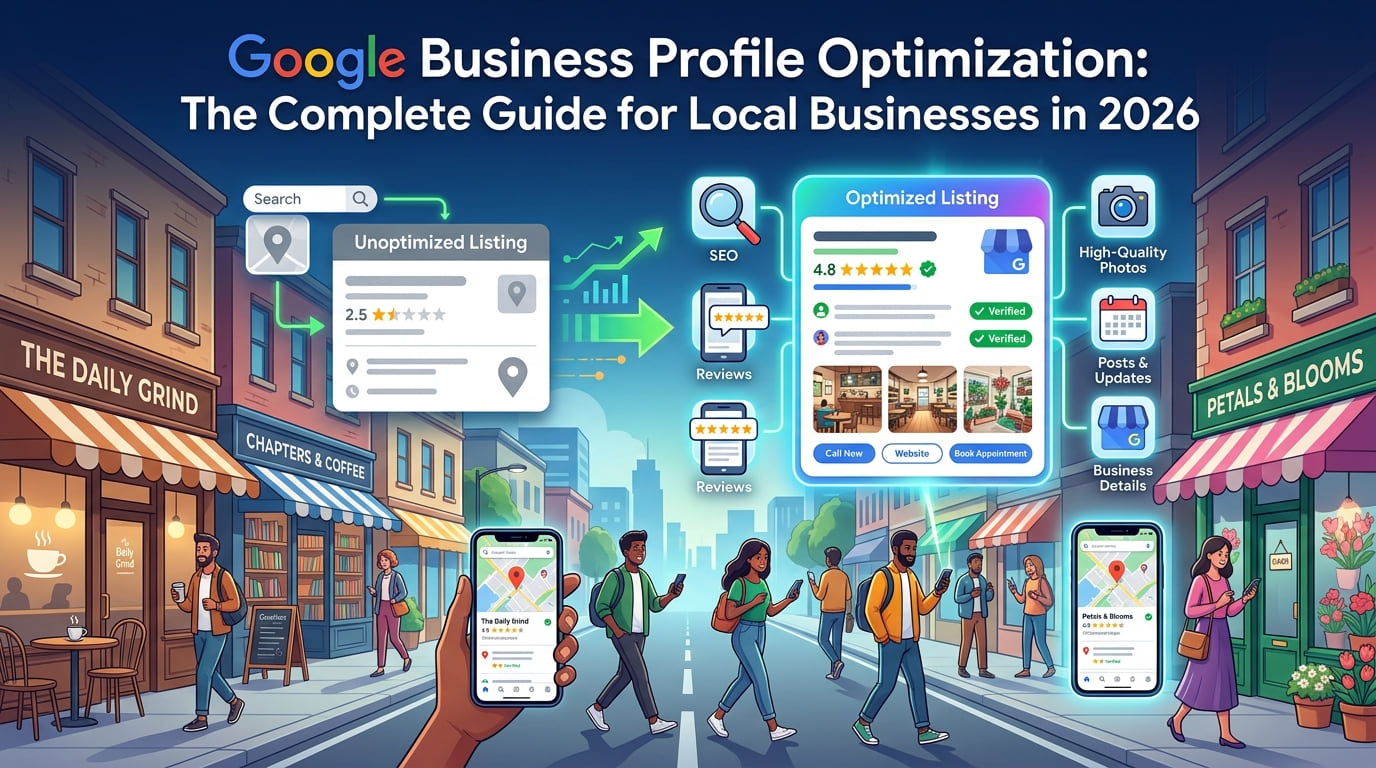 Illustration of an unoptimized Google listing upgraded to an optimized one with reviews, photos and posts, above a busy shopping street.