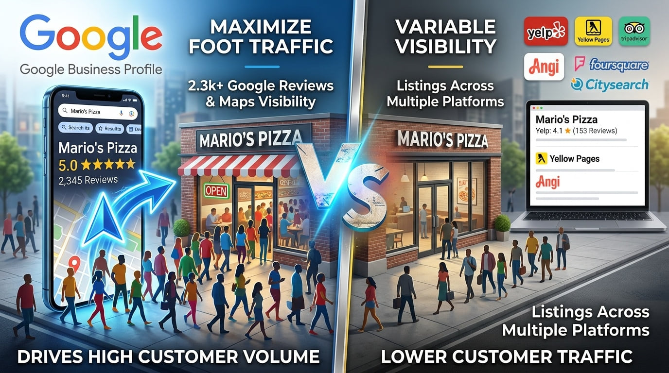 Split illustration comparing a pizzeria on Google Business Profile with the same pizzeria listed across directories like Yelp, Yellow Pages and Angi.