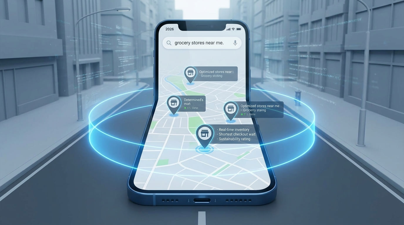 3D illustration of a phone showing a map search for grocery stores near me, with pinned results along a city street.