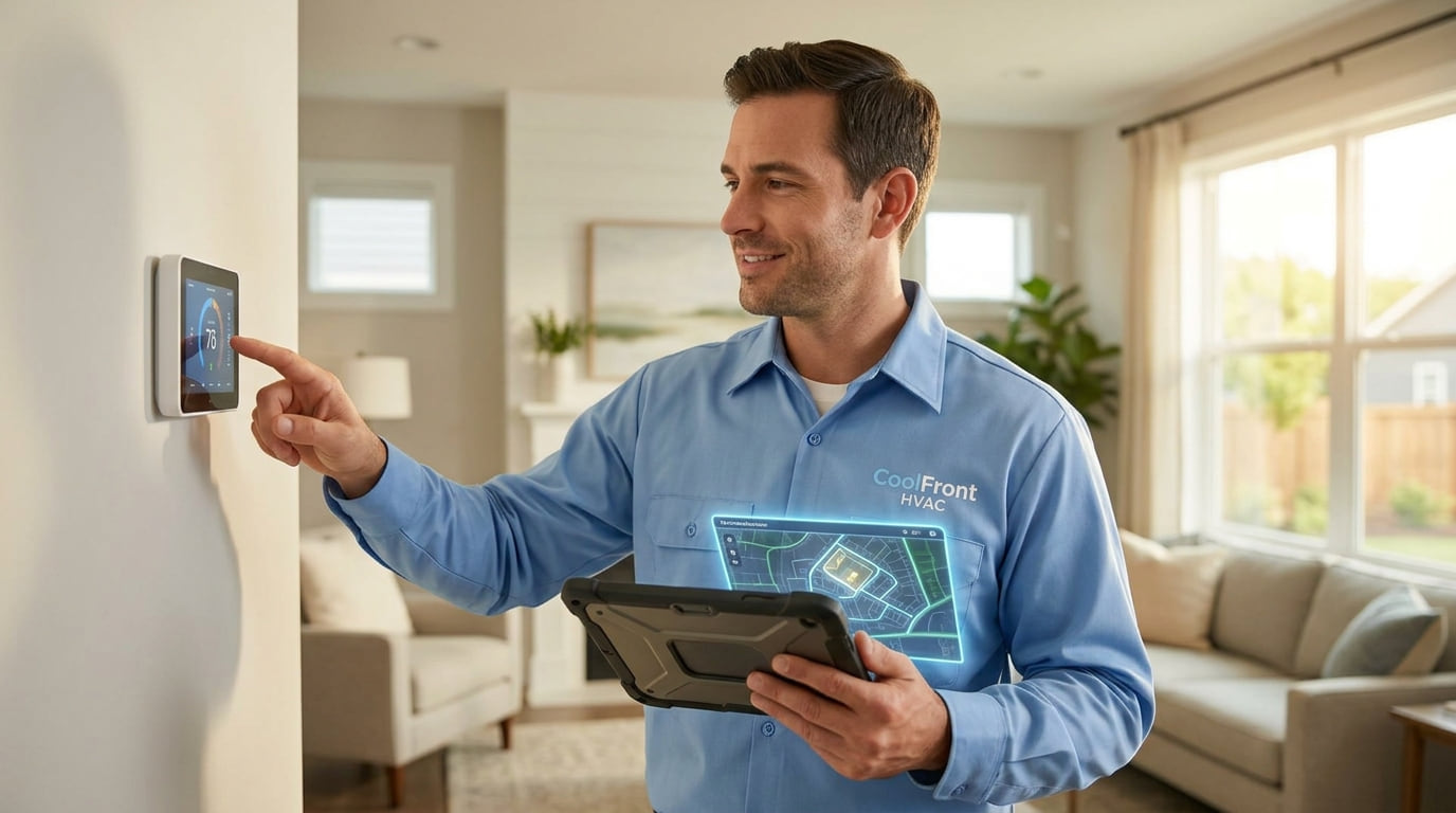 An HVAC technician adjusting a smart thermostat on a living room wall while holding a tablet.