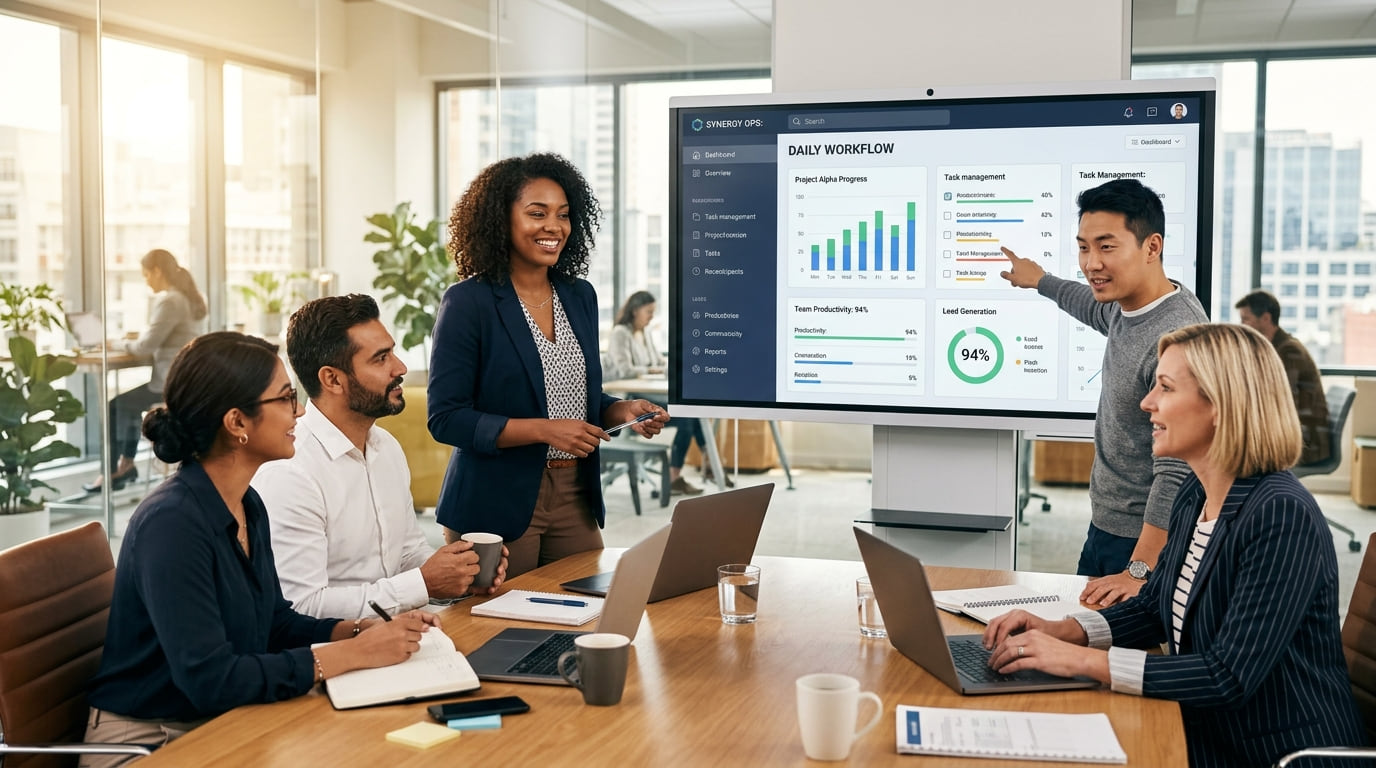 A team meeting around a conference table while a manager points at a workflow dashboard on a large screen.