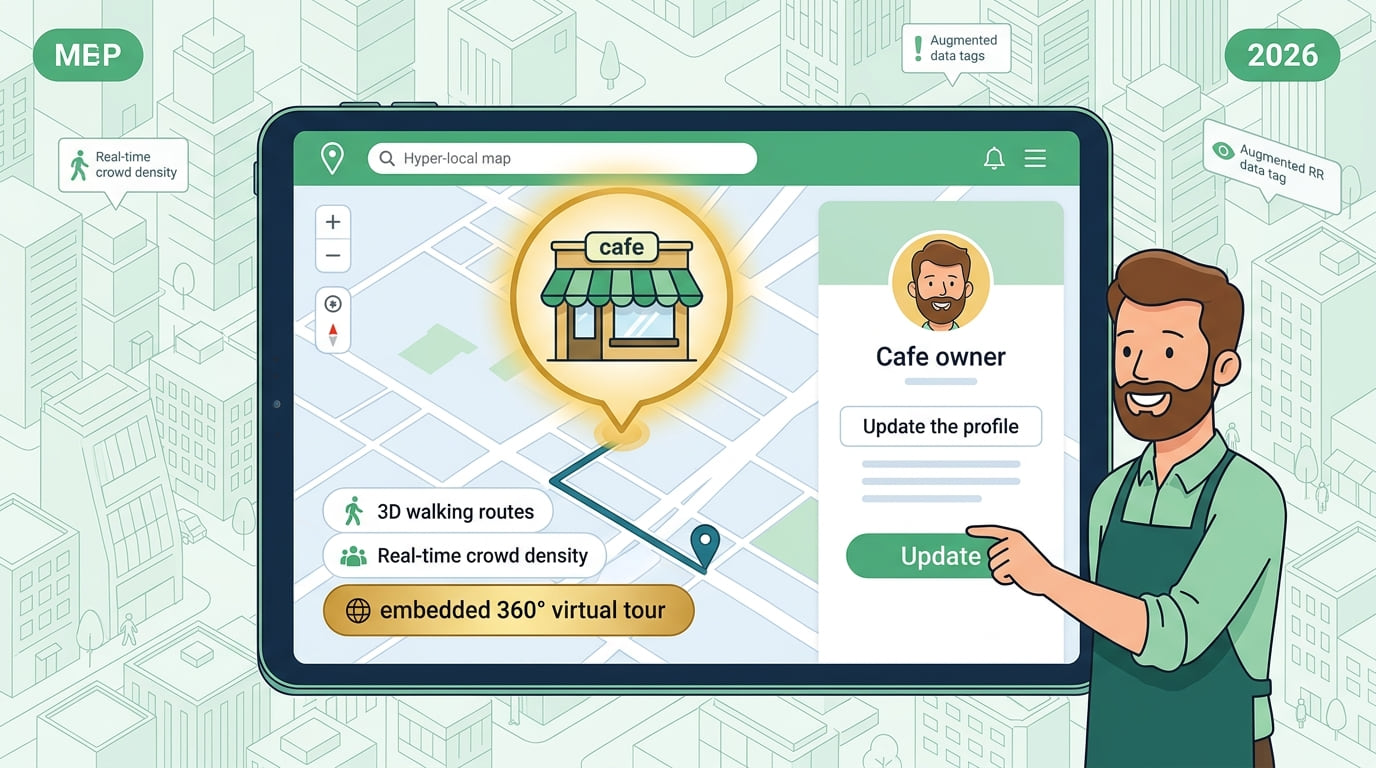 Illustration of a cafe owner pointing at a tablet map with a cafe pin, walking routes and a button to update the profile.