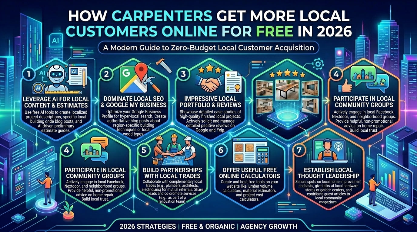 Infographic of eight free strategies for carpenters, from local SEO and portfolio reviews to community groups and partnerships with local trades.