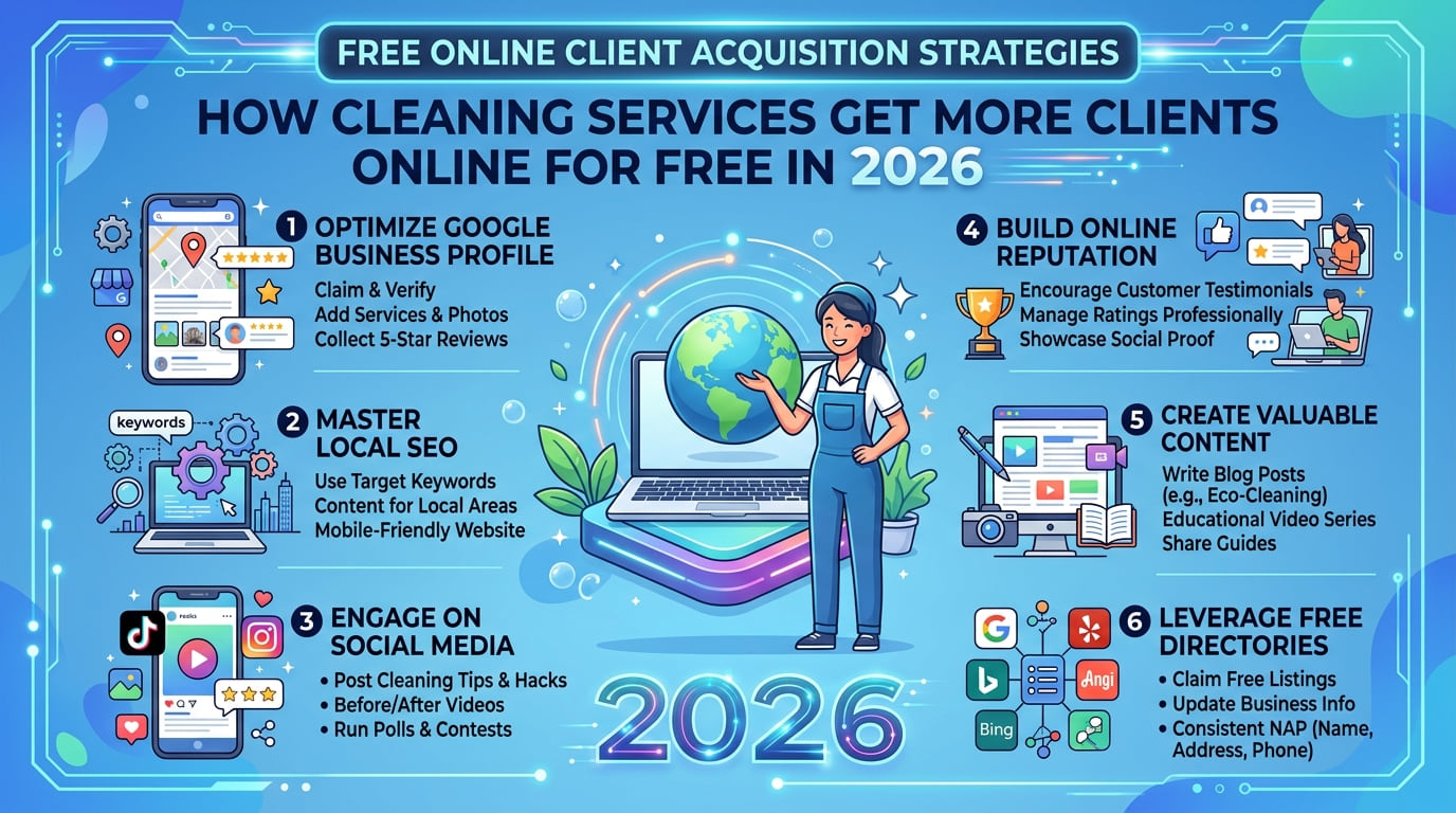 Infographic of six free ways cleaning services win clients online: Google Business Profile, local SEO, social media, reviews, helpful content and free directories.