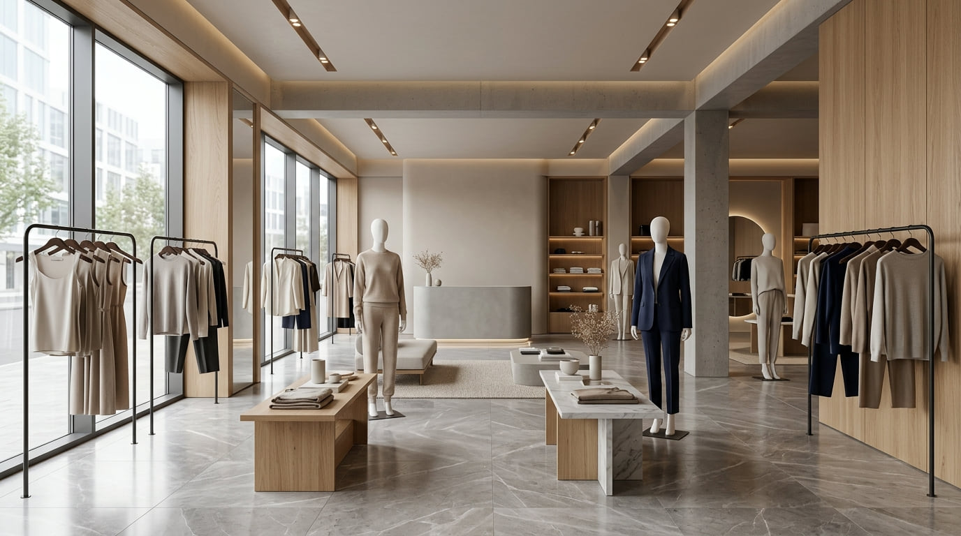 A bright, minimalist clothing boutique with neutral garments on rails and a wooden display table.
