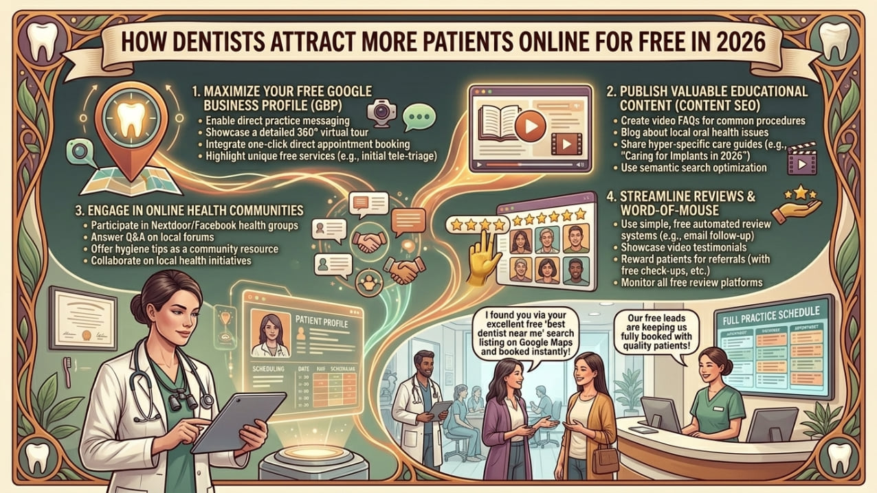 Illustrated poster of a dentist with a tablet beside four free ways to attract patients: Google Business Profile, educational content, online health communities and reviews.