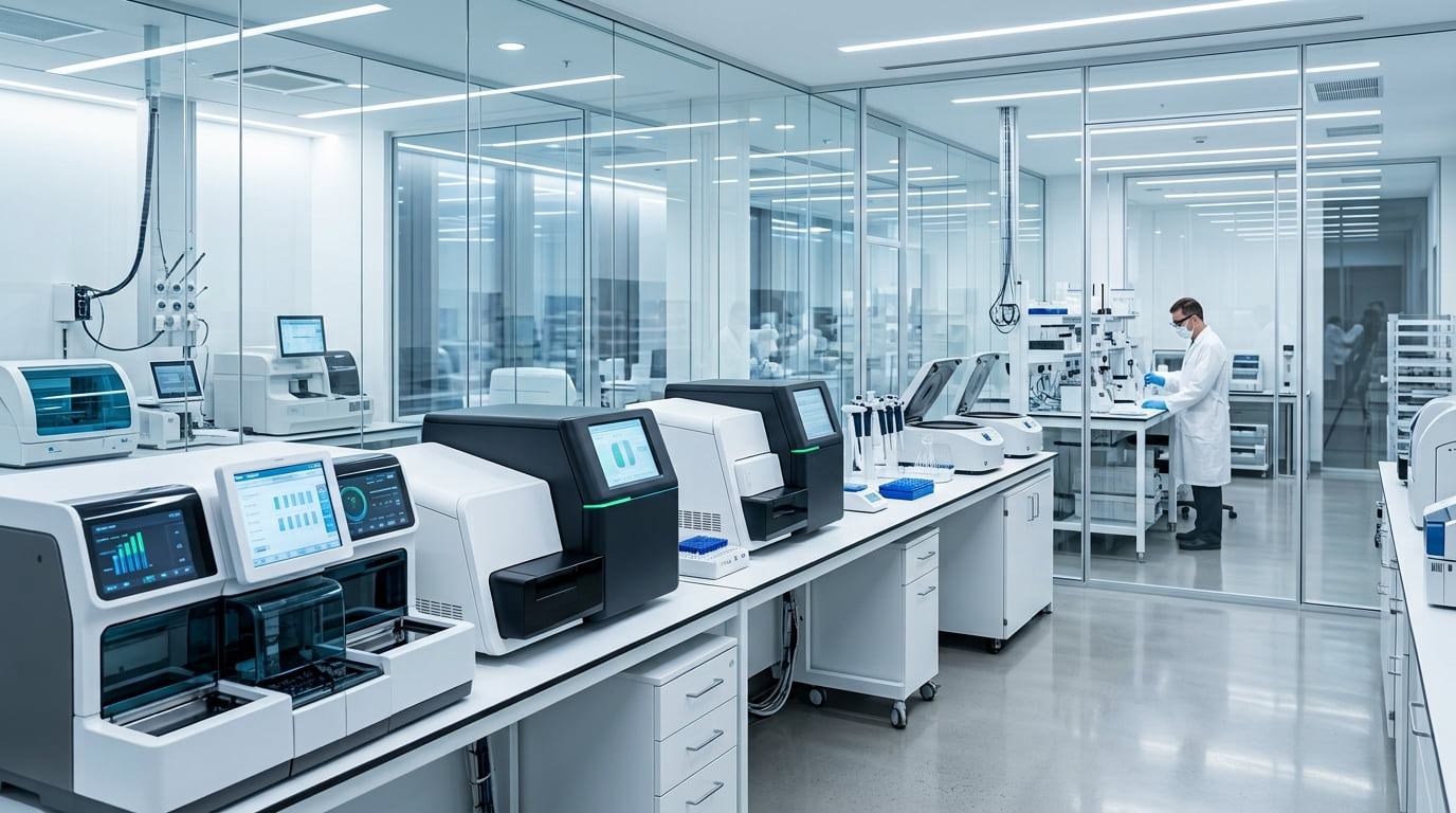 A bright, modern diagnostic laboratory with analyzers on white benches and a technician at work.