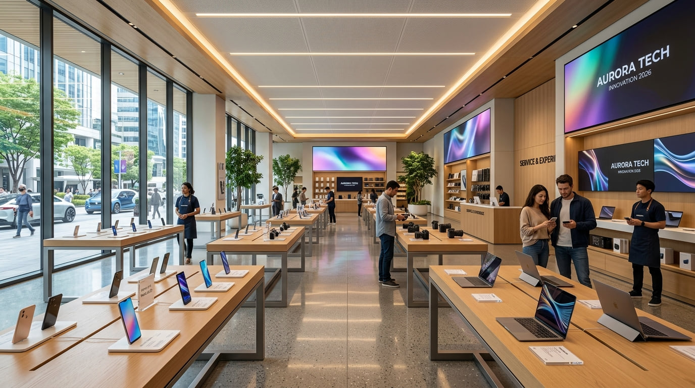 A modern electronics store with phones and laptops on display tables, shoppers browsing and staff helping customers.