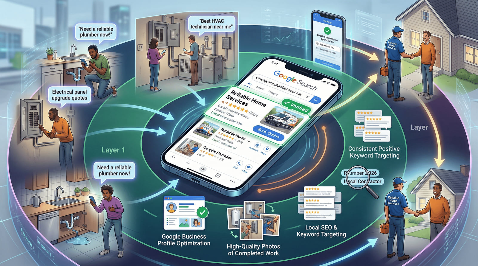 Illustration of homeowners searching on their phones for plumbers, electricians and HVAC technicians, who arrive to help.