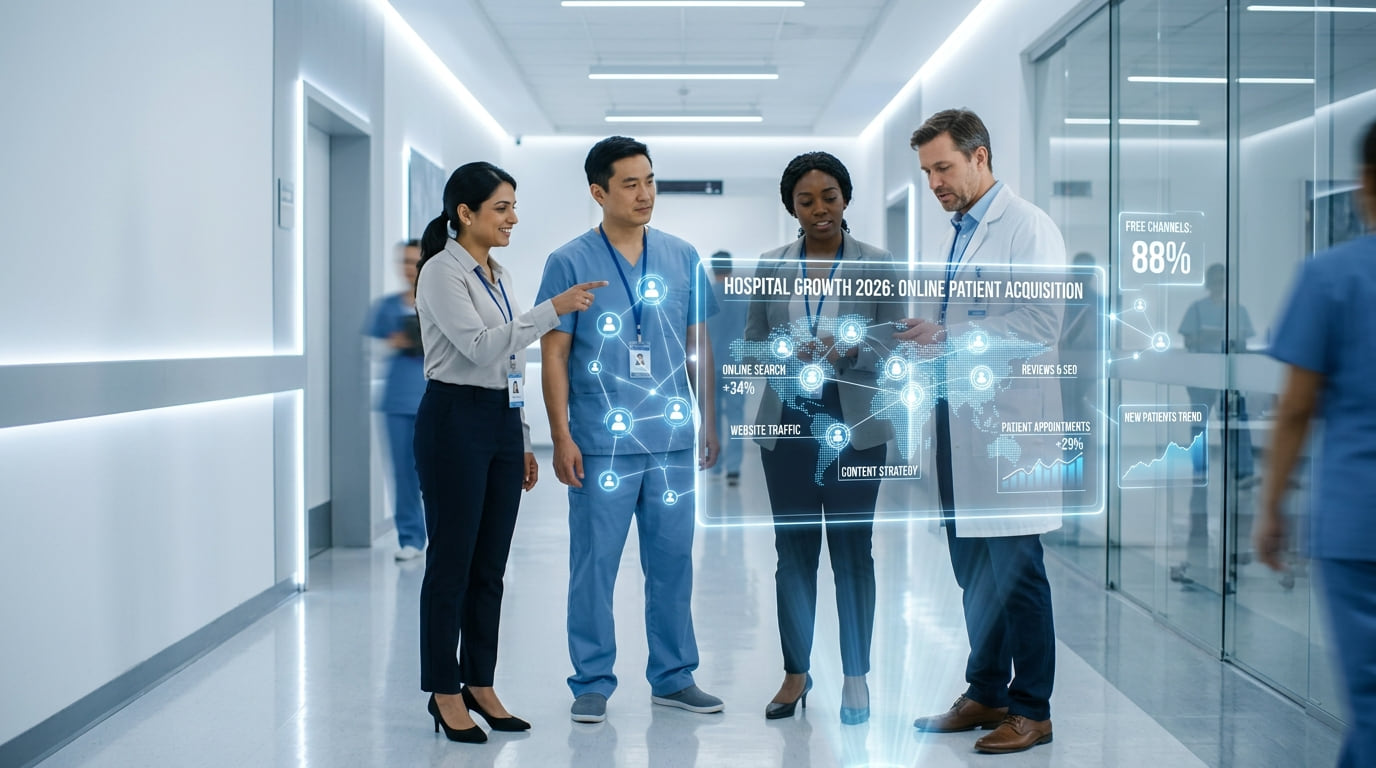 Hospital staff in a bright corridor reviewing a floating patient acquisition dashboard together.