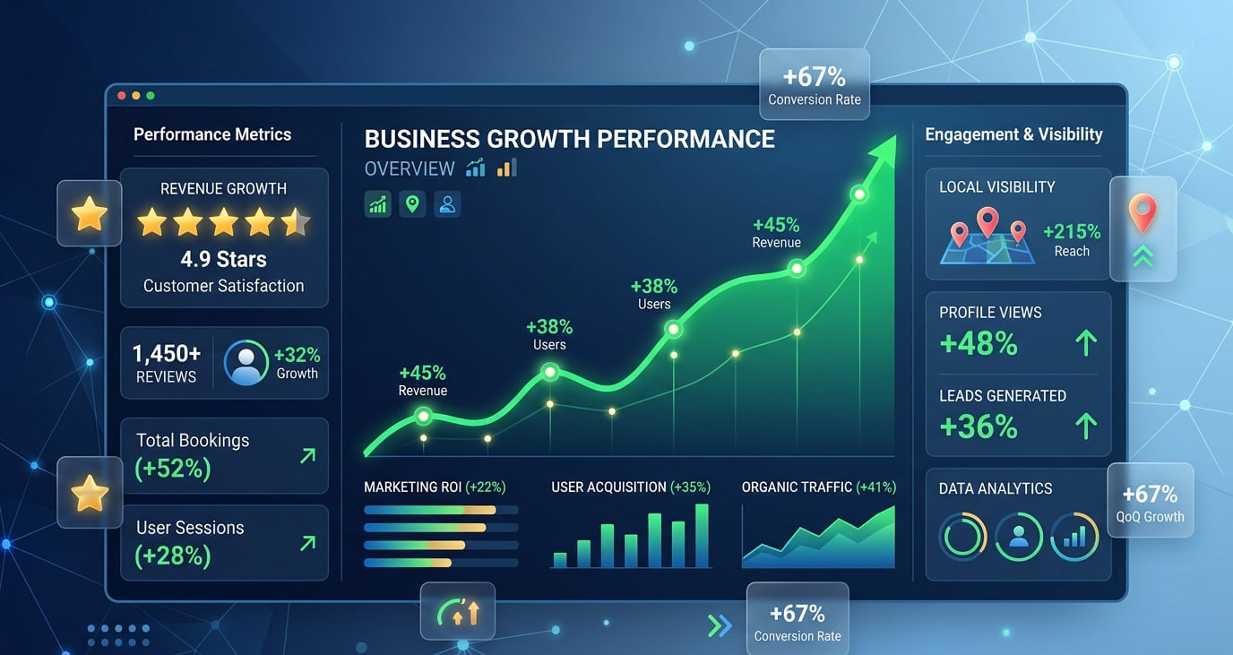 A business growth dashboard showing a 4.9-star rating, rising revenue and gains in profile views, leads and engagement.