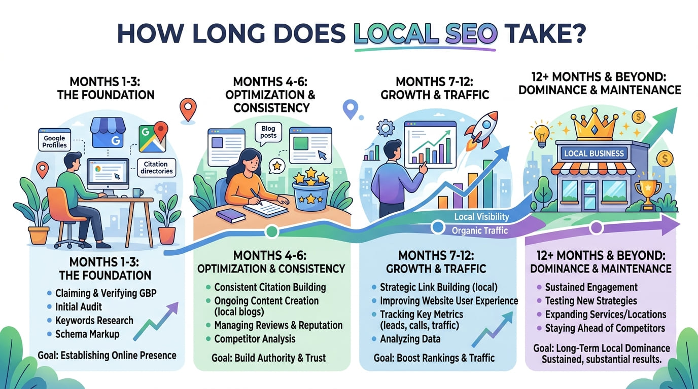 Illustrated timeline of local SEO results from months 1–3 (the foundation) through months 4–6, 7–12 and beyond, ending in local dominance.