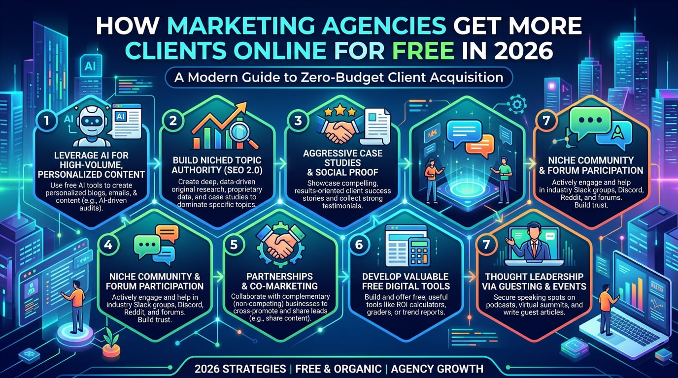 Infographic of seven free client acquisition strategies for marketing agencies, from AI-assisted content and case studies to partnerships and free tools.