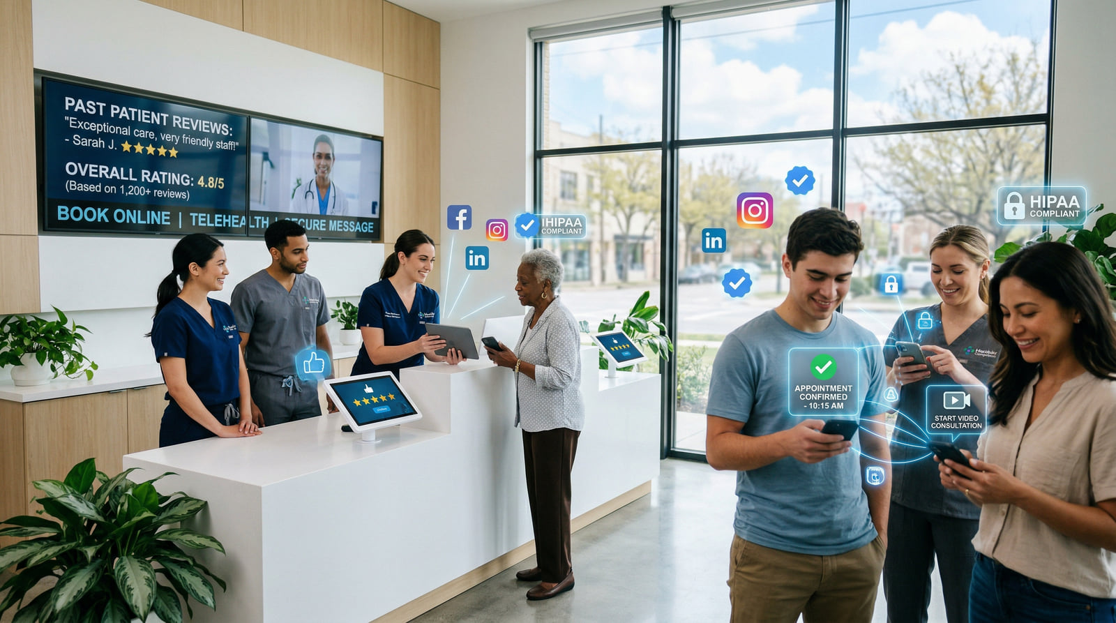 A bright clinic reception where staff help patients check in, with floating icons for reviews, online booking and telehealth.