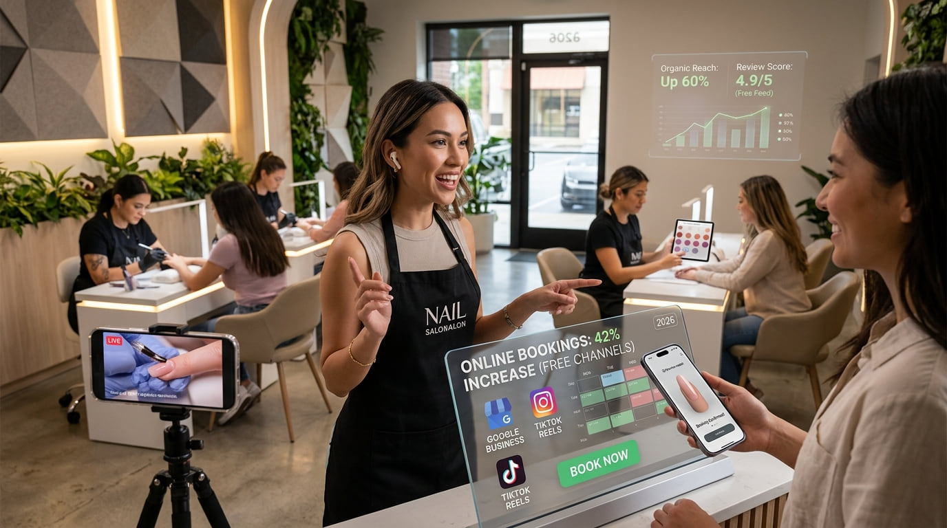 A nail technician smiling at a client in a bright salon while a phone on a tripod records, with an online bookings graphic.