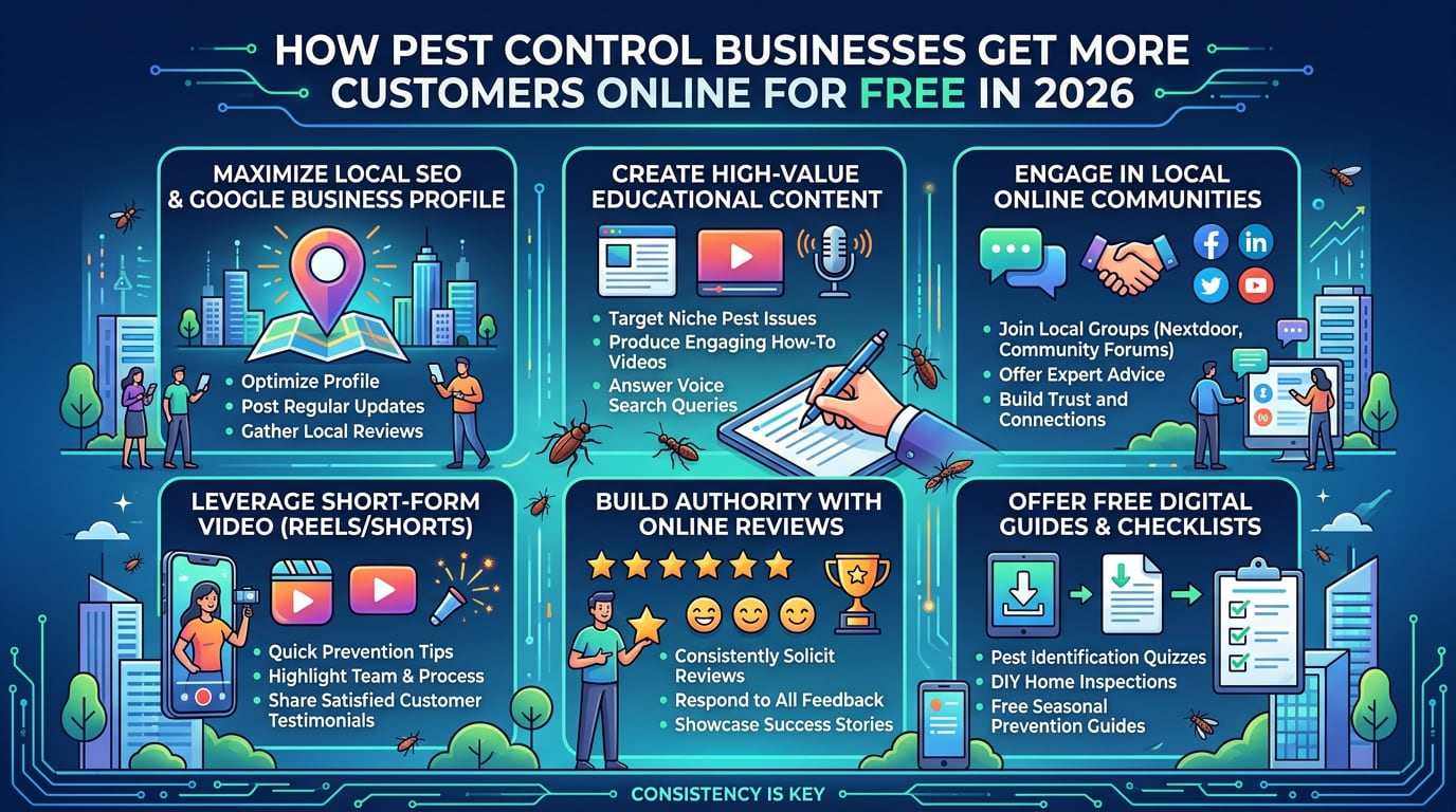Infographic of free ways pest control businesses win customers online: local SEO, helpful content, community groups, short videos, reviews and free guides.
