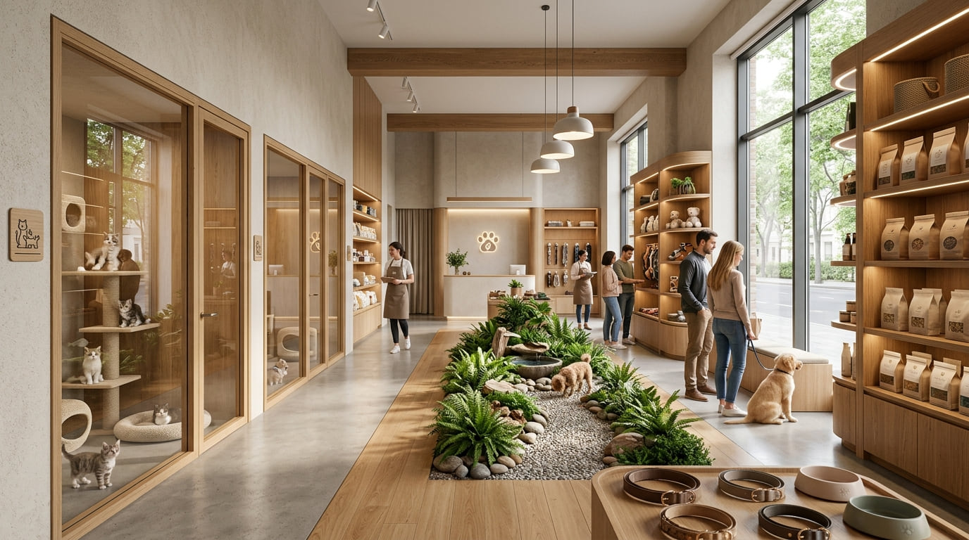 A light-filled pet shop with wooden shelves of food and treats, an indoor planter and a dog with its owner by the window.