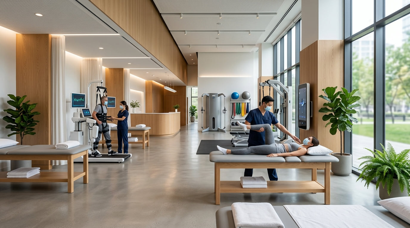 A bright physical therapy clinic with treatment tables and exercise equipment, a therapist working with a patient.