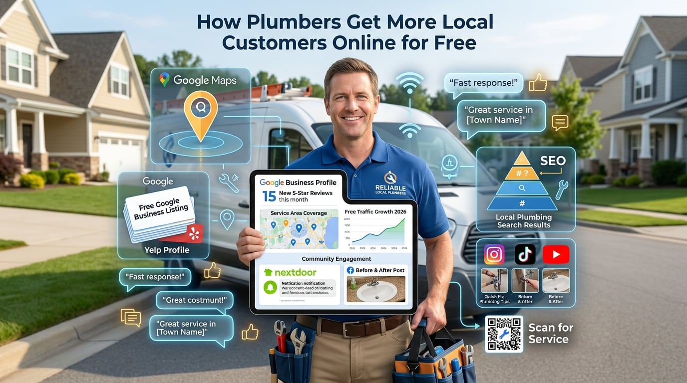 A smiling plumber holding a tablet in front of his van, surrounded by icons for Google Maps, reviews, Nextdoor and local SEO.