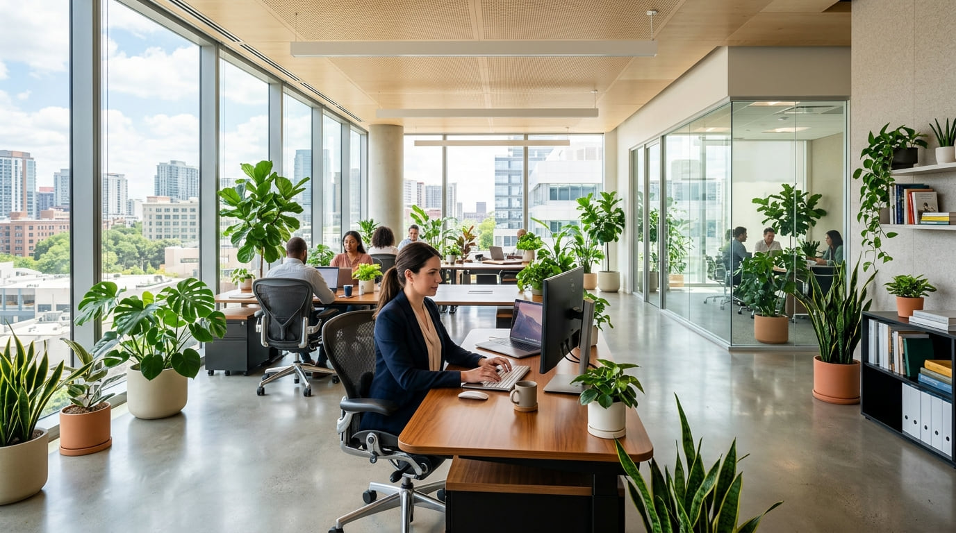 A bright, plant-filled open office with people working at their desks.