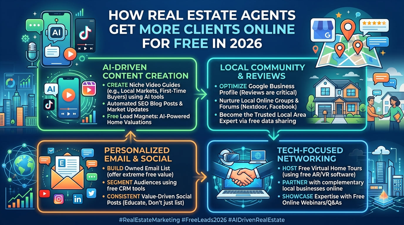 Infographic of four free ways real estate agents win clients online: AI-driven content, community reviews, email and social, and tech-focused networking.