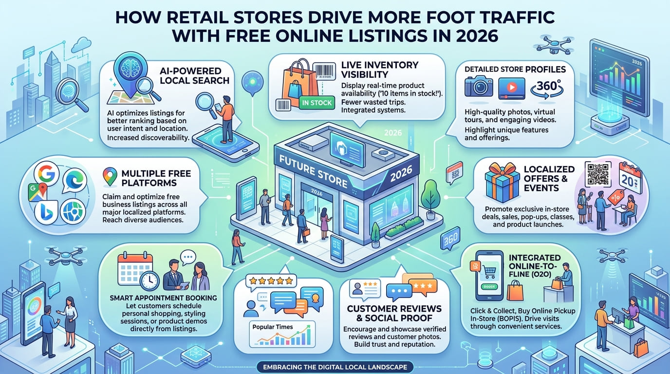 Infographic of a future store surrounded by ways retailers drive foot traffic: AI-powered local search, live inventory, free listings, store profiles, offers and reviews.
