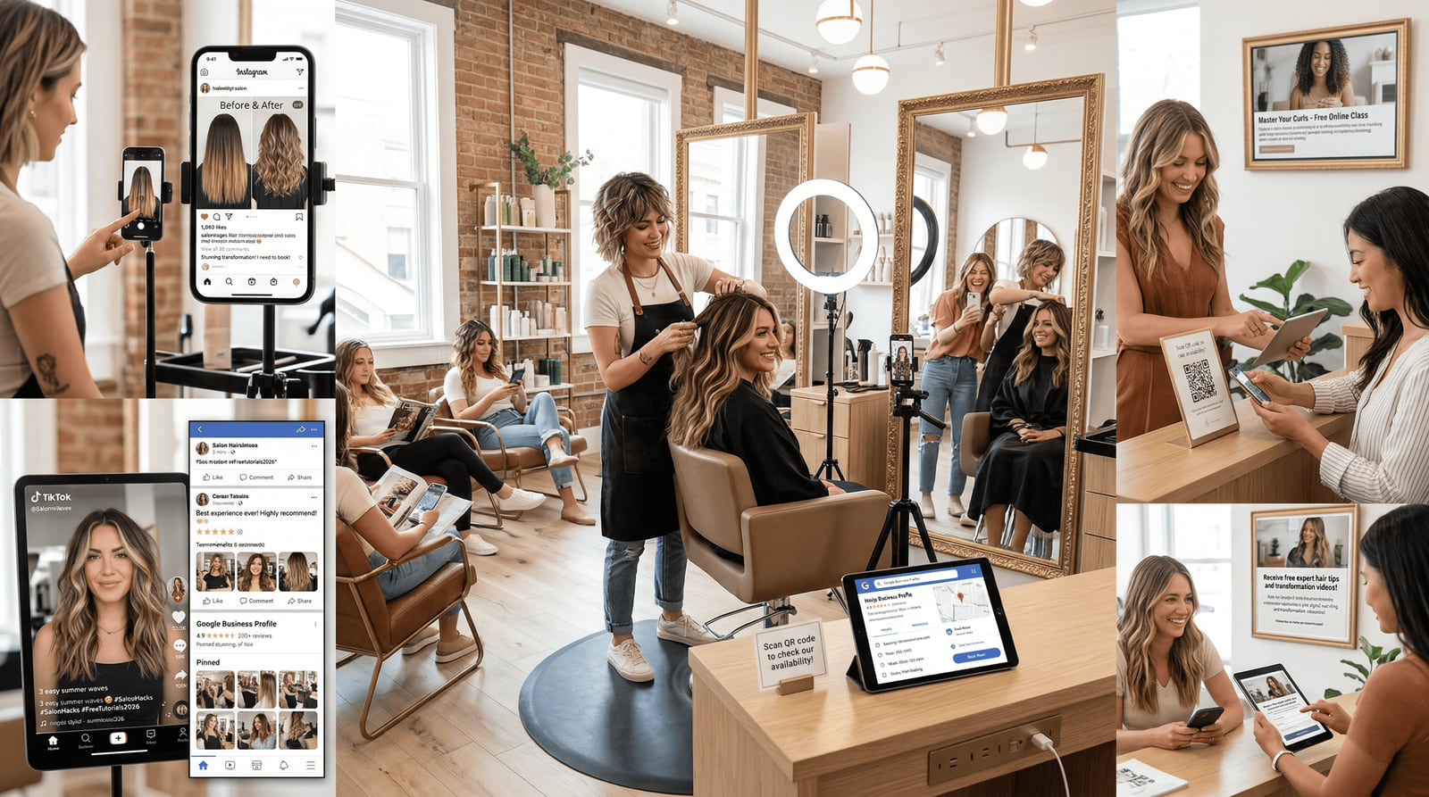 A busy hair salon with stylists at work while one films a client with a ring light, and phones showing the salon online.