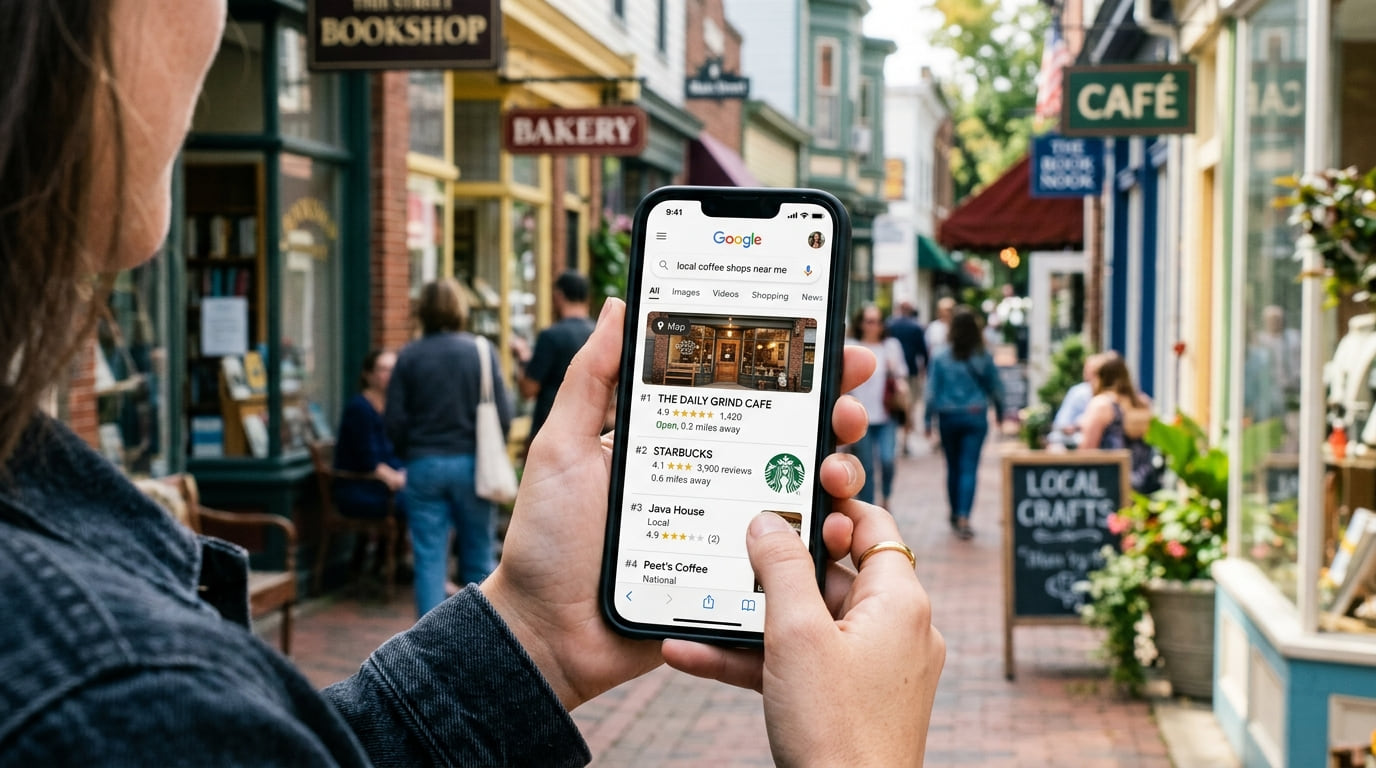 A shopper on a street of independent shops, holding a phone that shows local coffee shops in Google search results.