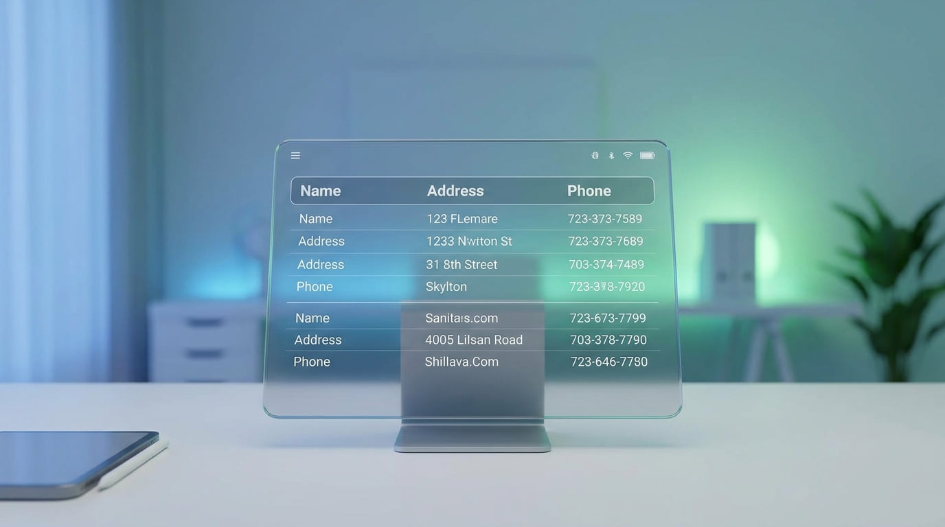 A glass display on a desk showing a table of business names, addresses and phone numbers in soft blue light.