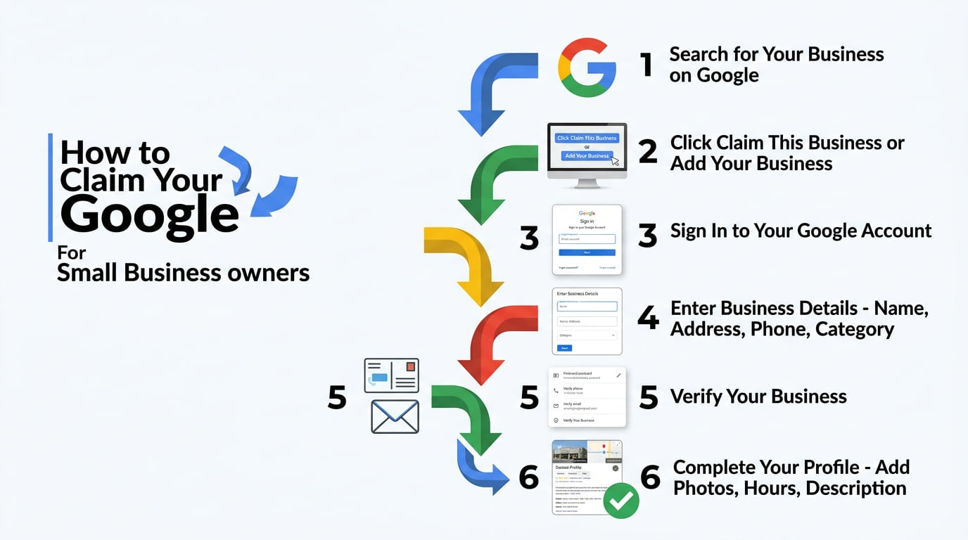 Step-by-step graphic for claiming a Google Business Profile: search, claim, sign in, enter details, verify and complete your profile.