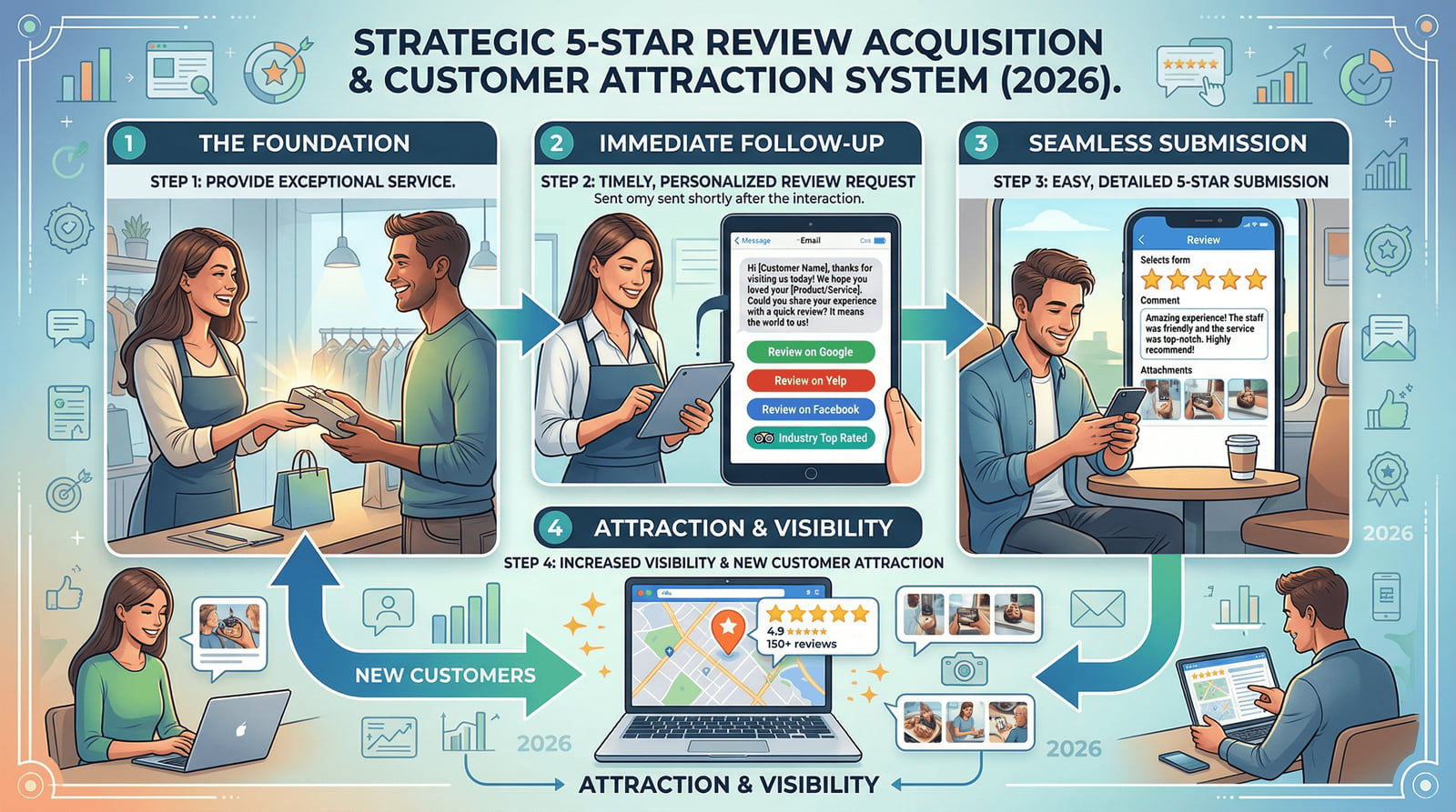Illustrated four-step review system: great service, a timely review request, an easy 5-star submission, and new customers attracted by the reviews.