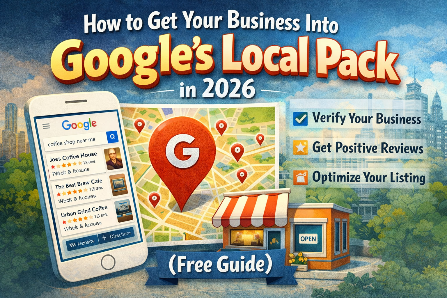 A phone showing Google local results beside a big map pin and three steps: verify your business, get positive reviews, optimize your listing.