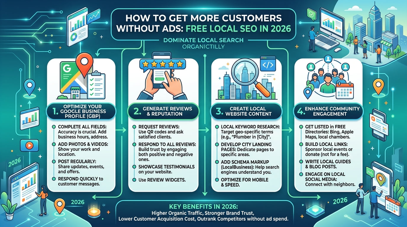Infographic of four free local SEO pillars: optimize your Google Business Profile, earn reviews, create local content and engage your community.