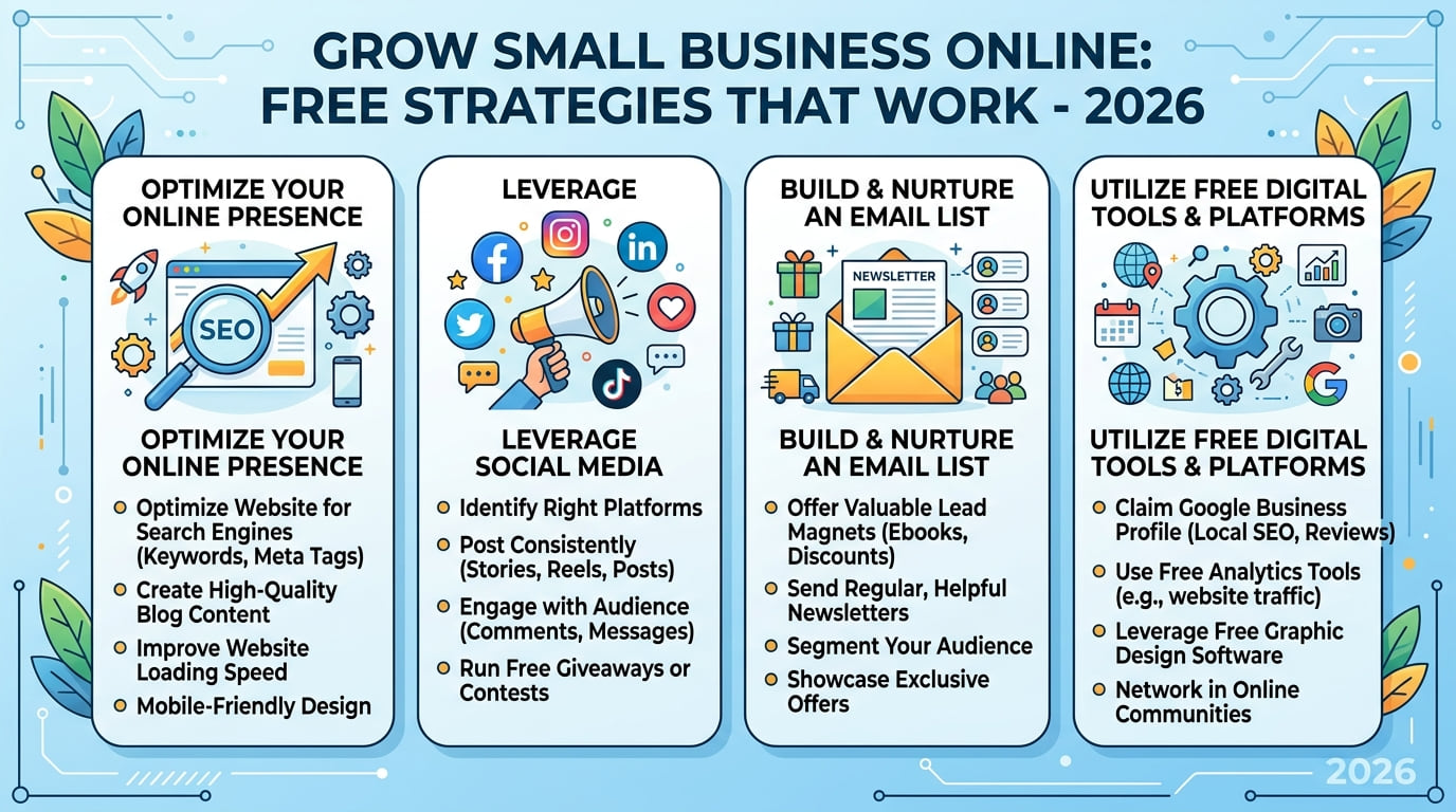 Infographic of four free ways to grow a small business online: optimize your online presence, use social media, build an email list and use free digital tools.