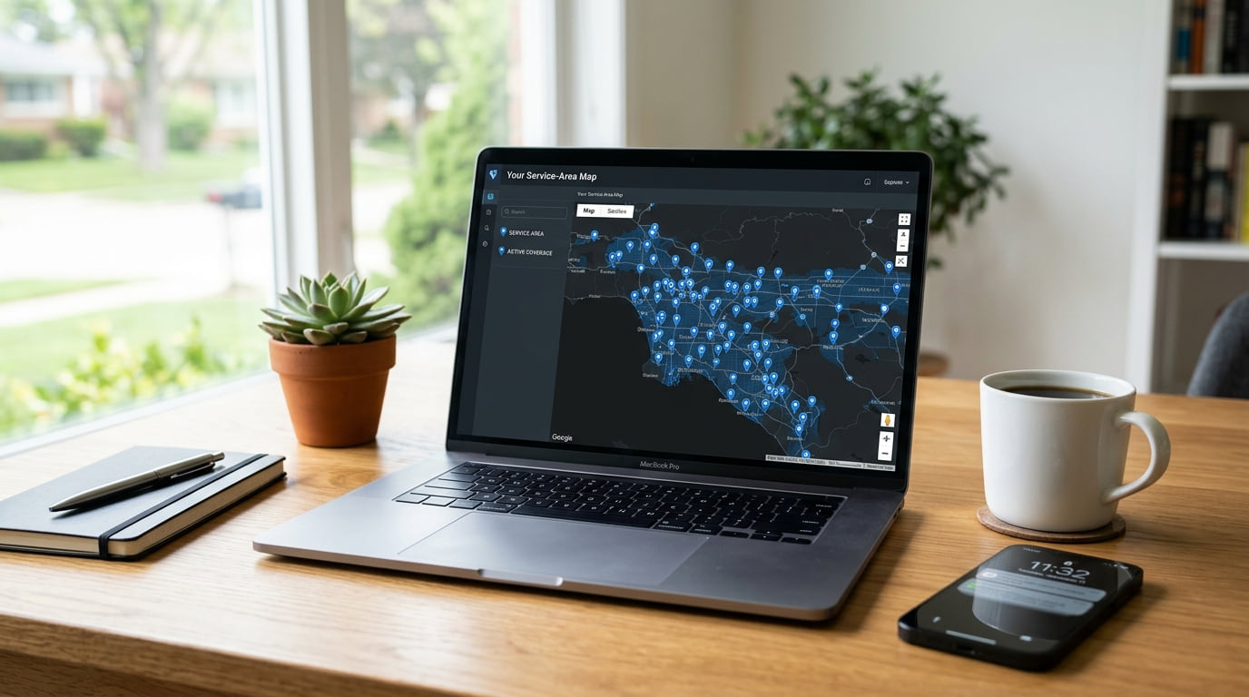 A laptop on a home desk showing a service area map, next to a plant, a coffee mug and a phone.